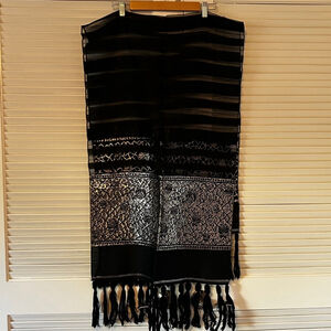 Vintage Silk and Wool Scarf, Sheer, Black and Silver